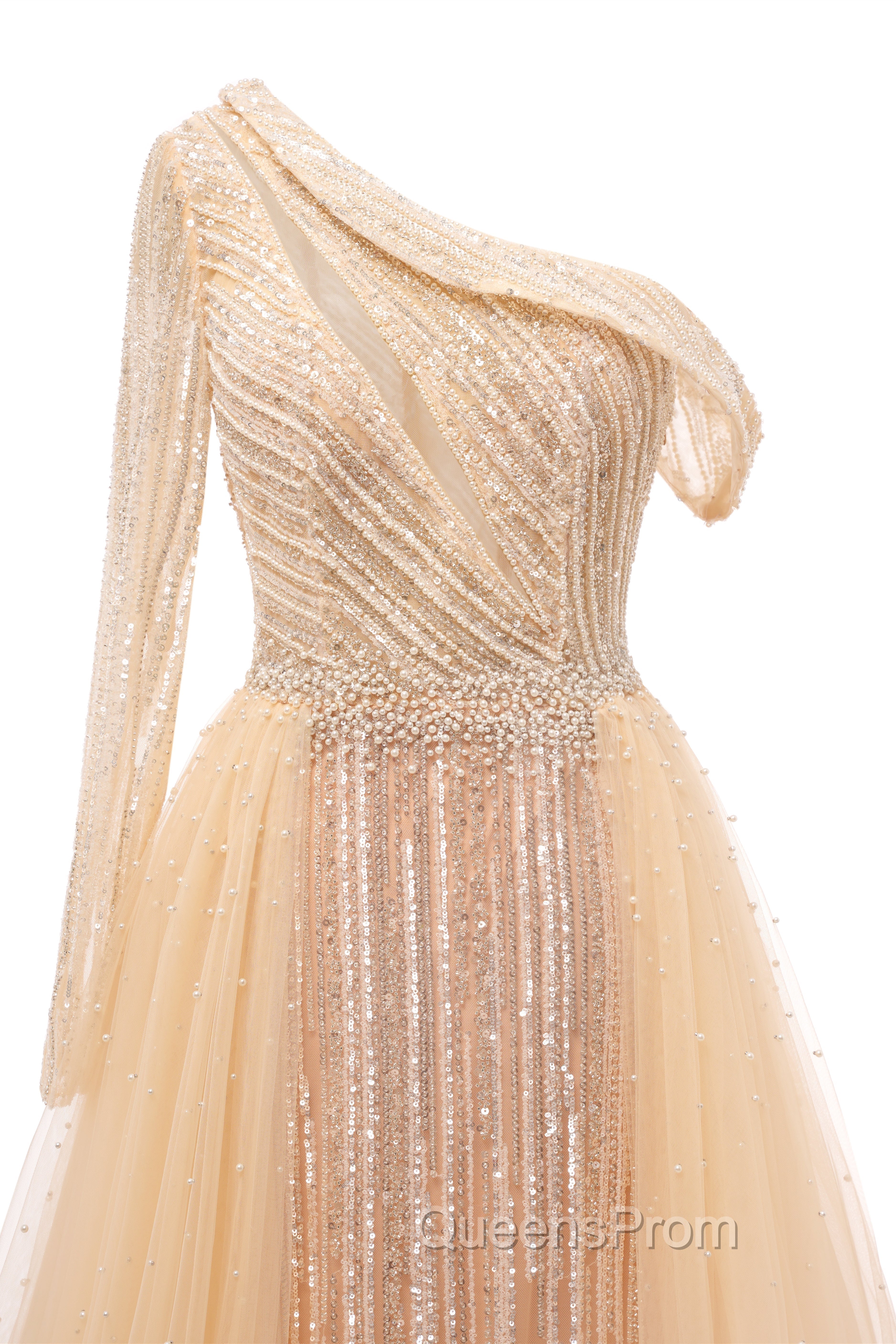 Elegant One Shoulder Beige Evening Prom Dress Sheer Beading Lace Evening Dress