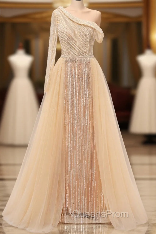 Elegant One Shoulder Beige Evening Prom Dress Sheer Beading Lace Evening Dress Main image