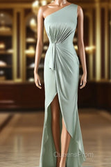 Elegant One Shoulder Matcha Ruched Long Bridesmaid Dress