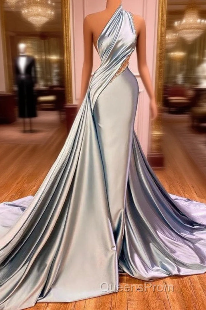 Elegant One Shoulder Mermaid Evening Prom Dress Long Pleated with Beads Main image