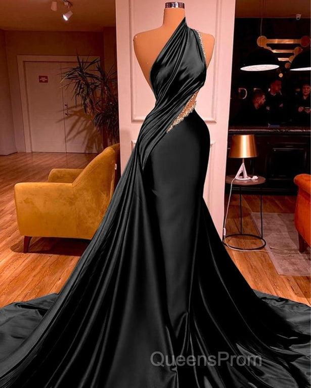 Elegant One Shoulder Mermaid Evening Prom Dress Long Pleated with Beads