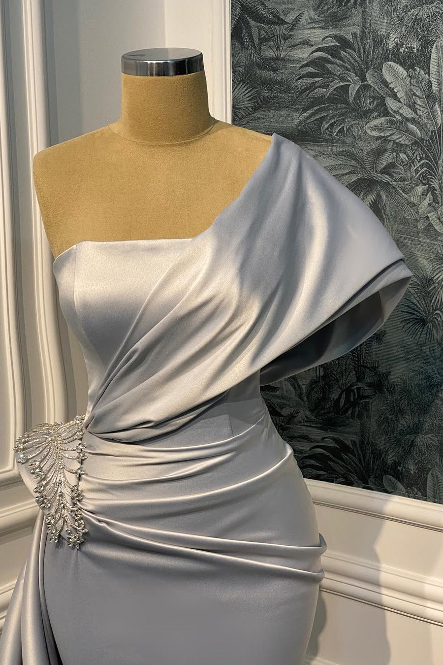 Elegant One Shoulder Satin Mermaid Prom Dresses Sheath Gem With Pleats Ruffles Secondary image
