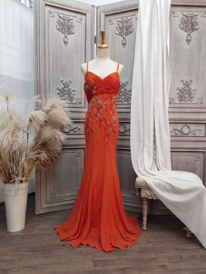 Elegant Orange Mermaid Spaghetti Strap Beaded Chiffon Long Classy Prom Dress
