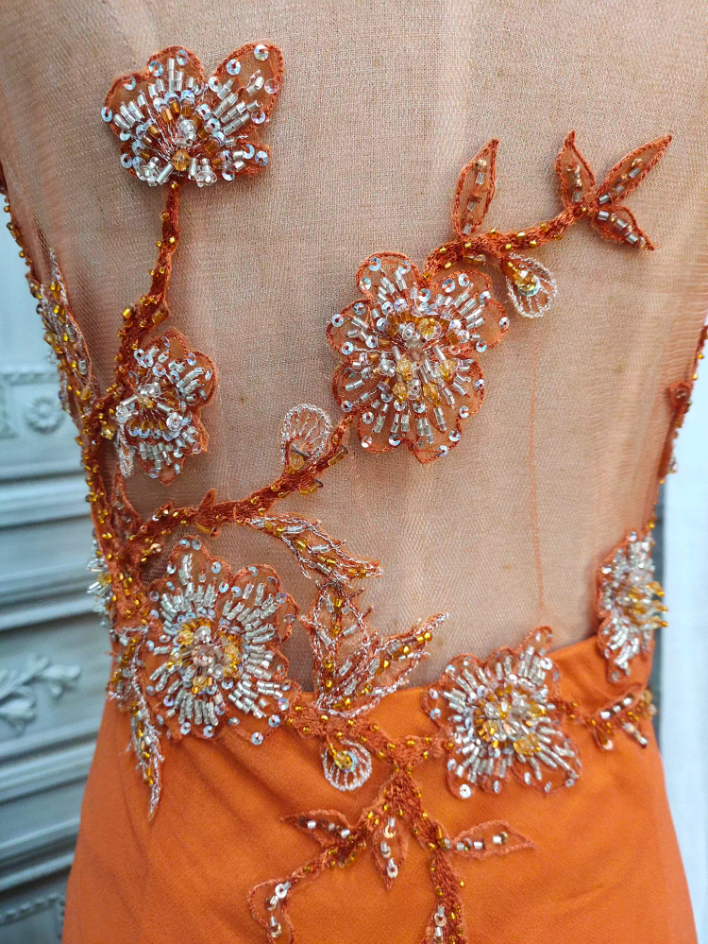 Elegant Orange Mermaid Spaghetti Strap Beaded Chiffon Long Classy Prom Dress