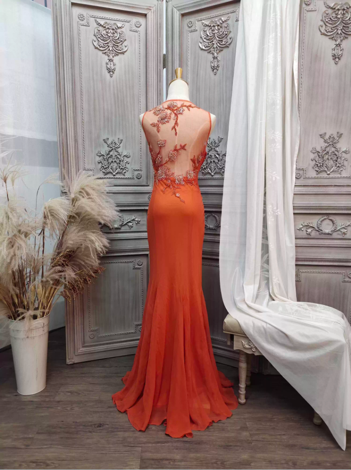 Elegant Orange Mermaid Spaghetti Strap Beaded Chiffon Long Classy Prom Dress