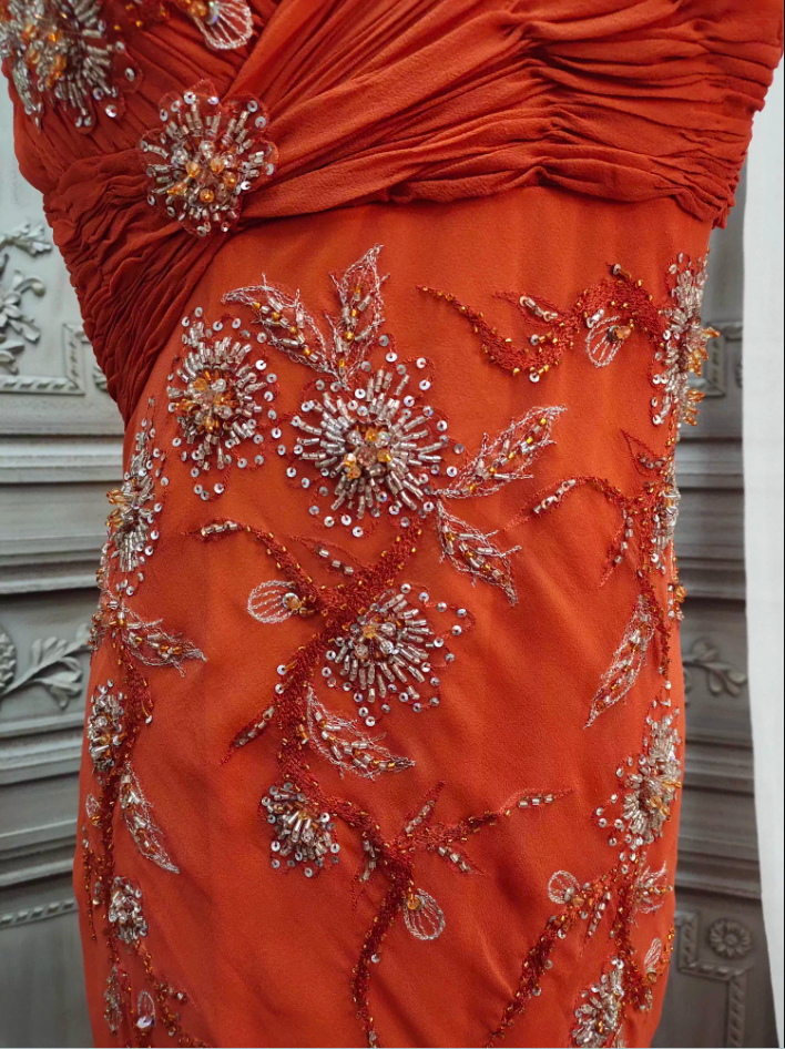 Elegant Orange Mermaid Spaghetti Strap Beaded Chiffon Long Classy Prom Dress