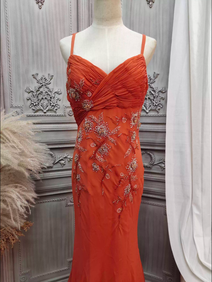 Elegant Orange Mermaid Spaghetti Strap Beaded Chiffon Long Classy Prom Dress