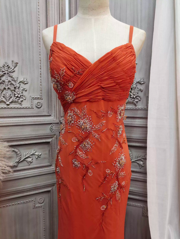 Elegant Orange Mermaid Spaghetti Strap Beaded Chiffon Long Classy Prom Dress