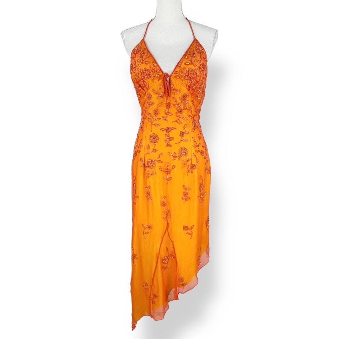 Elegant Orange Spaghetti Straps Beaded Classy Prom Dress Party Dress