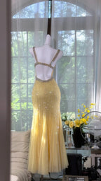Elegant Pale Yellow Mermaid Strapless Backless Beaded Chiffon Long Classy Prom Dress