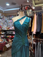 Elegant Peacock Green One-Shoulder Pearl Ribbon Satin Long Classy Prom Dress Prom Gown