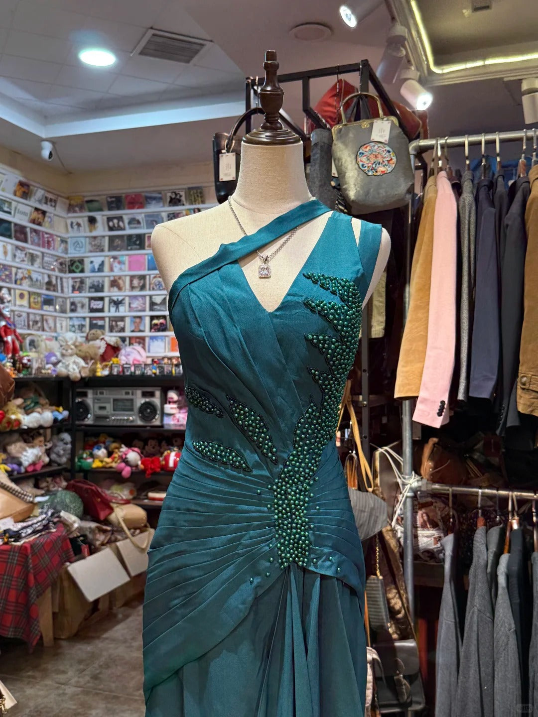 Elegant Peacock Green One-Shoulder Pearl Ribbon Satin Long Classy Prom Dress Prom Gown
