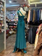 Elegant Peacock Green One-Shoulder Pearl Ribbon Satin Long Classy Prom Dress Prom Gown