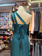 Elegant Peacock Green One-Shoulder Pearl Ribbon Satin Long Classy Prom Dress Prom Gown