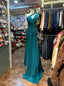 Elegant Peacock Green One-Shoulder Pearl Ribbon Satin Long Classy Prom Dress Prom Gown
