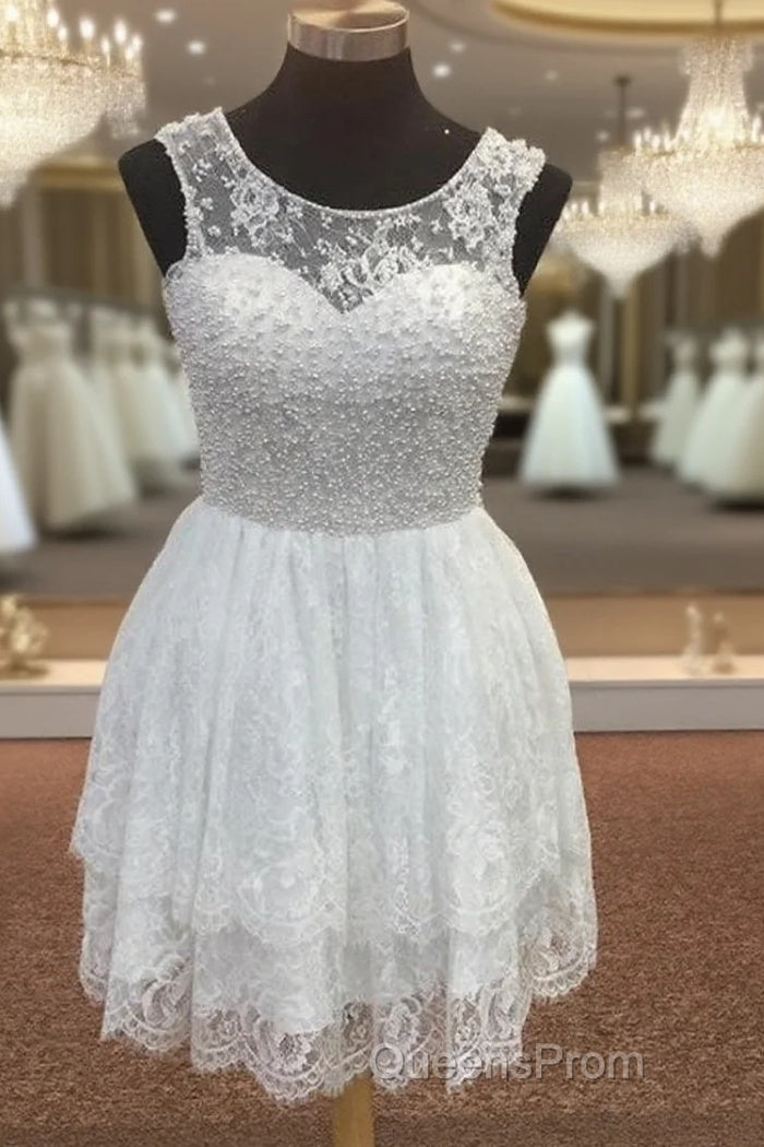 Elegant Pearl Beading White Lace Homecoming Dress Main image