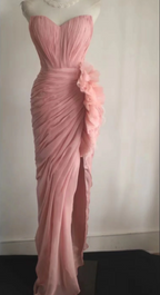 Elegant Pink 3D Floral Strapless High-Slit Chiffon Classy Prom Dress