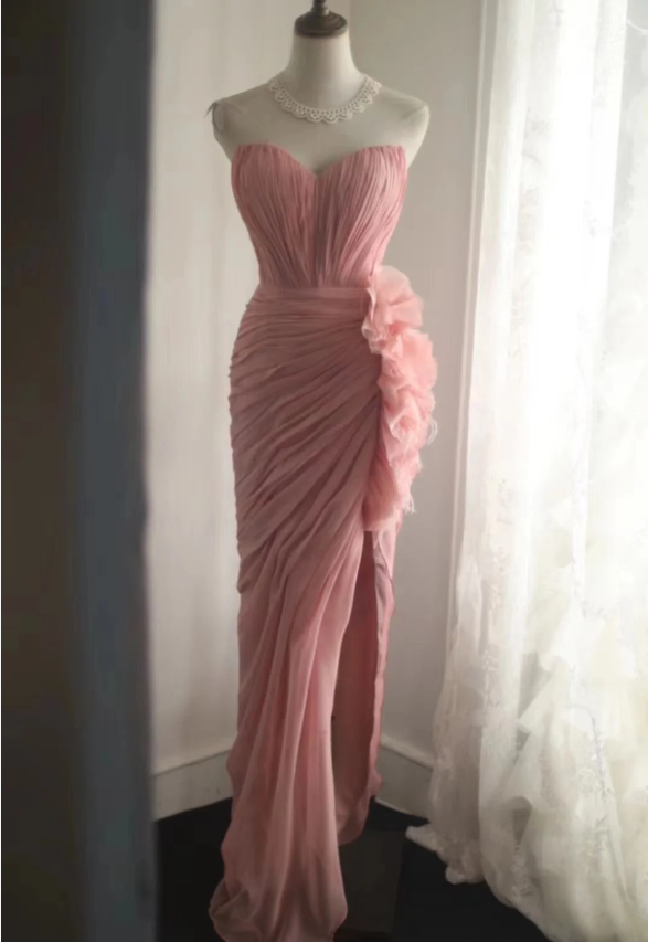 Elegant Pink 3D Floral Strapless High-Slit Chiffon Classy Prom Dress