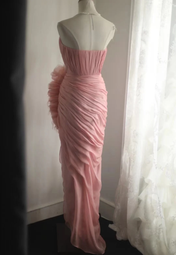 Elegant Pink 3D Floral Strapless High-Slit Chiffon Classy Prom Dress
