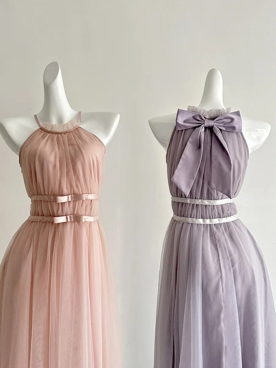 Elegant Pink A-Line Halter Neck Waist Tulle Long Classy Prom Dress Bridesmaid Dress