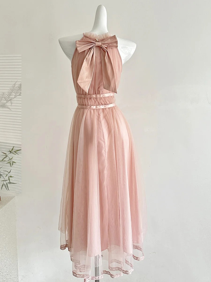 Elegant Pink A-Line Halter Neck Waist Tulle Long Classy Prom Dress Bridesmaid Dress