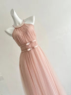 Elegant Pink A-Line Halter Neck Waist Tulle Long Classy Prom Dress Bridesmaid Dress