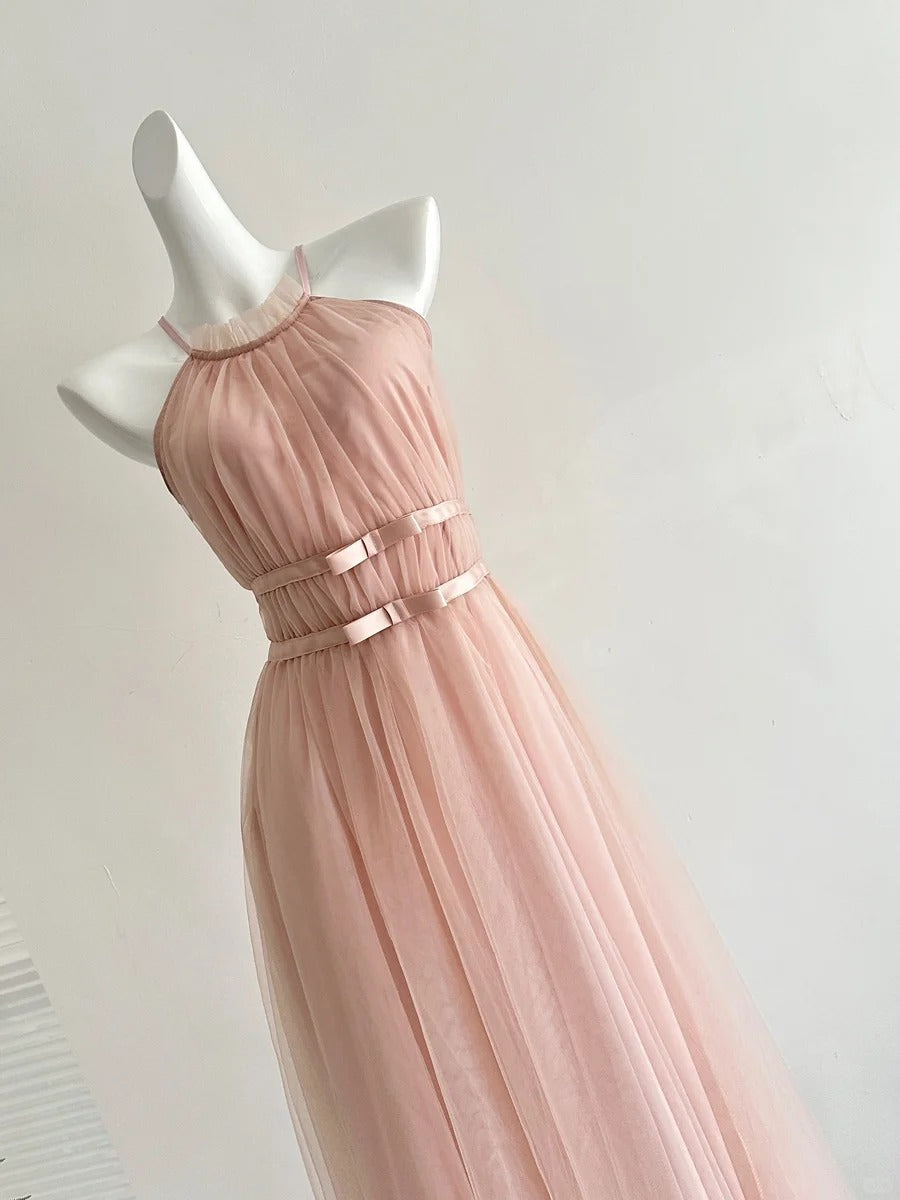Elegant Pink A-Line Halter Neck Waist Tulle Long Classy Prom Dress Bridesmaid Dress