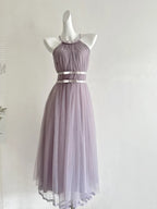 Elegant Pink A-Line Halter Neck Waist Tulle Long Classy Prom Dress Bridesmaid Dress
