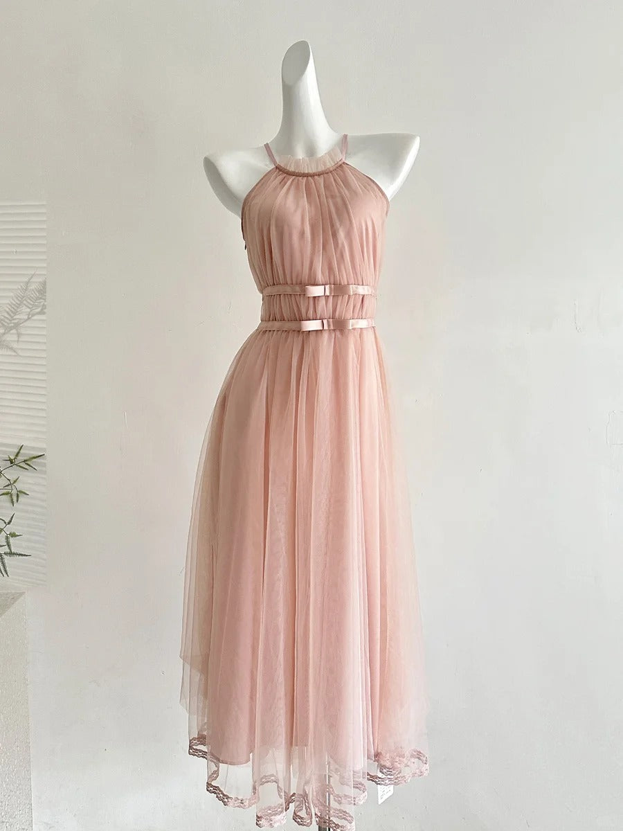 Elegant Pink A-Line Halter Neck Waist Tulle Long Classy Prom Dress Bridesmaid Dress Main image