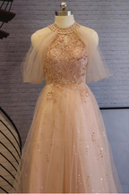 Elegant Pink A-Line Halter Tulle Long Classy Prom Dress