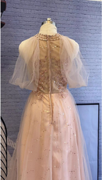 Elegant Pink A-Line Halter Tulle Long Classy Prom Dress