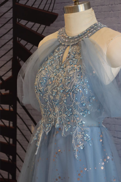 Elegant Pink A-Line Halter Tulle Long Classy Prom Dress