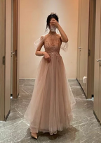 Elegant Pink A-Line Halter Tulle Long Classy Prom Dress