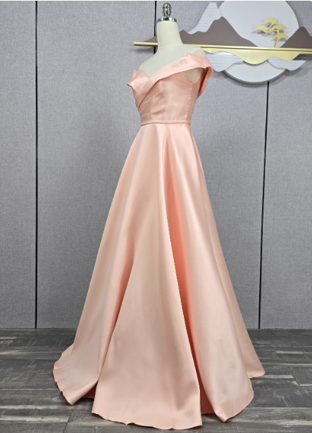 Elegant Pink A-Line Off-The-Shoulder Satin Long Classy Prom Dress Bridesmaid Dress