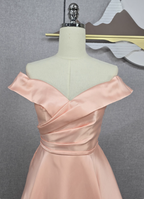 Elegant Pink A-Line Off-The-Shoulder Satin Long Classy Prom Dress Bridesmaid Dress
