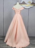 Elegant Pink A-Line Off-The-Shoulder Satin Long Classy Prom Dress Bridesmaid Dress