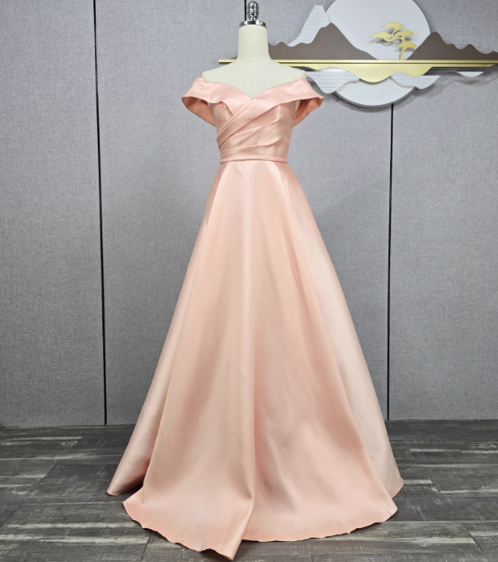 Elegant Pink A-Line Off-The-Shoulder Satin Long Classy Prom Dress Bridesmaid Dress