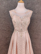 Elegant Pink A-Line Sleeveless Crew Neck Lace Rhinestone Brocade Satin Long Classy Prom Dress