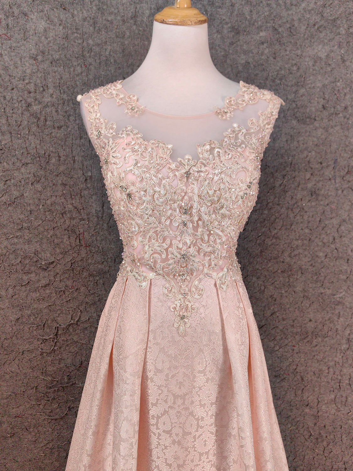 Elegant Pink A-Line Sleeveless Crew Neck Lace Rhinestone Brocade Satin Long Classy Prom Dress