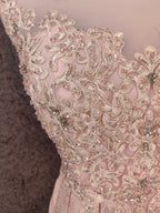 Elegant Pink A-Line Sleeveless Crew Neck Lace Rhinestone Brocade Satin Long Classy Prom Dress