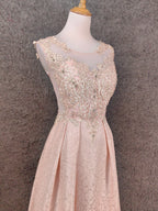 Elegant Pink A-Line Sleeveless Crew Neck Lace Rhinestone Brocade Satin Long Classy Prom Dress