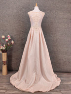 Elegant Pink A-Line Sleeveless Crew Neck Lace Rhinestone Brocade Satin Long Classy Prom Dress