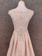 Elegant Pink A-Line Sleeveless Crew Neck Lace Rhinestone Brocade Satin Long Classy Prom Dress