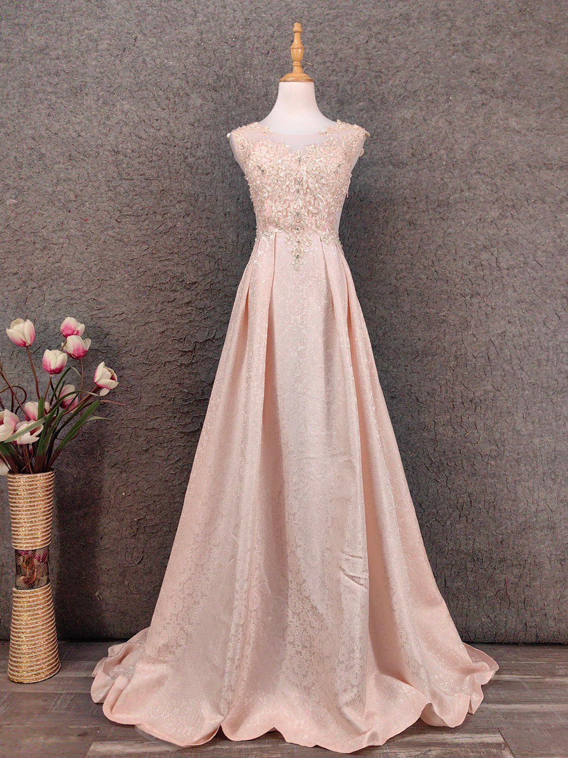 Elegant Pink A-Line Sleeveless Crew Neck Lace Rhinestone Brocade Satin Long Classy Prom Dress Main image