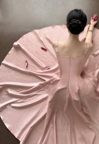 Elegant Pink A-Line Square Neck Strap Satin Long Classy Prom Dress
