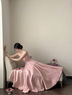 Elegant Pink A-Line Square Neck Strap Satin Long Classy Prom Dress
