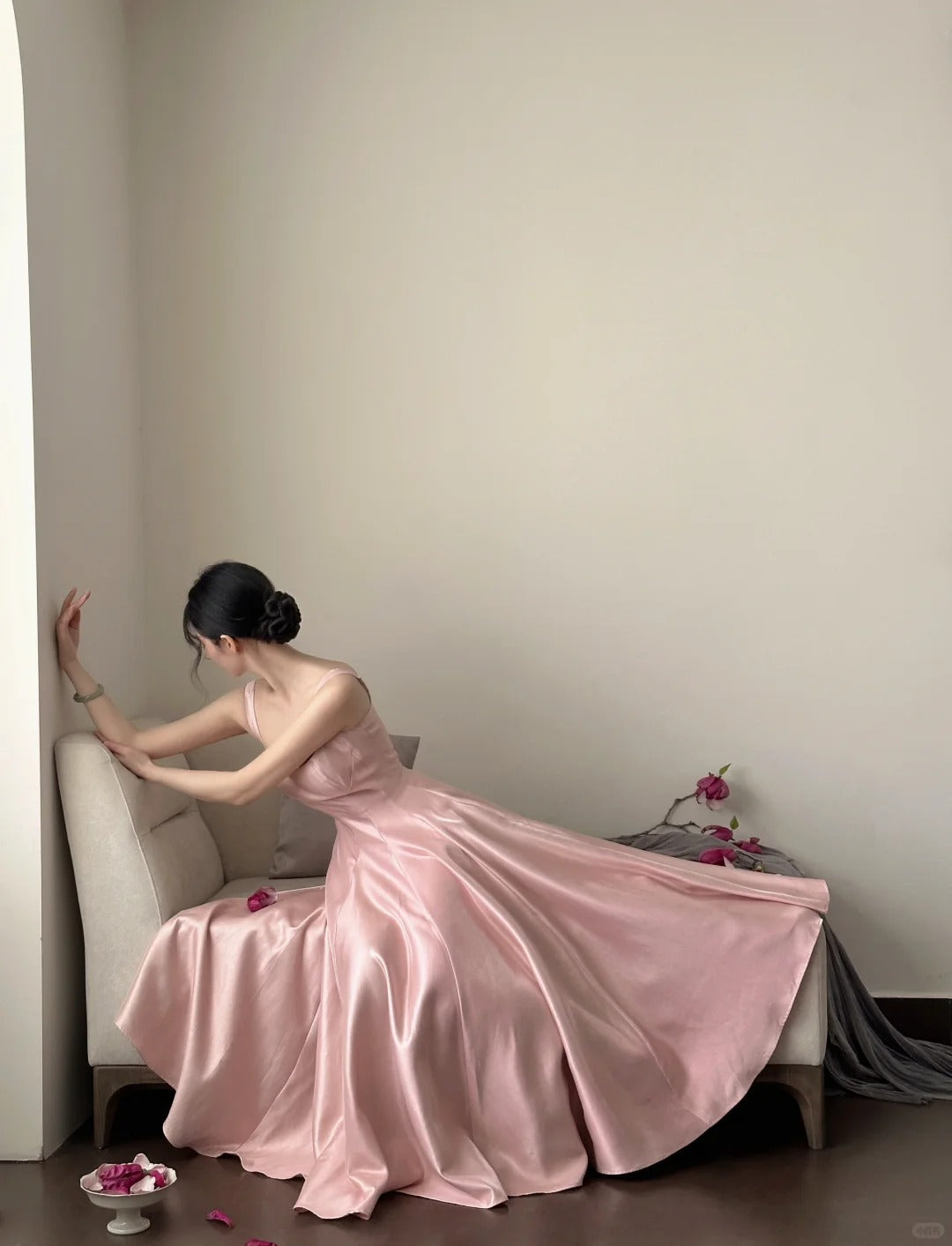 Elegant Pink A-Line Square Neck Strap Satin Long Classy Prom Dress