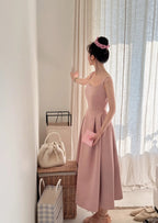 Elegant Pink A-Line Square Neck Strap Satin Long Classy Prom Dress