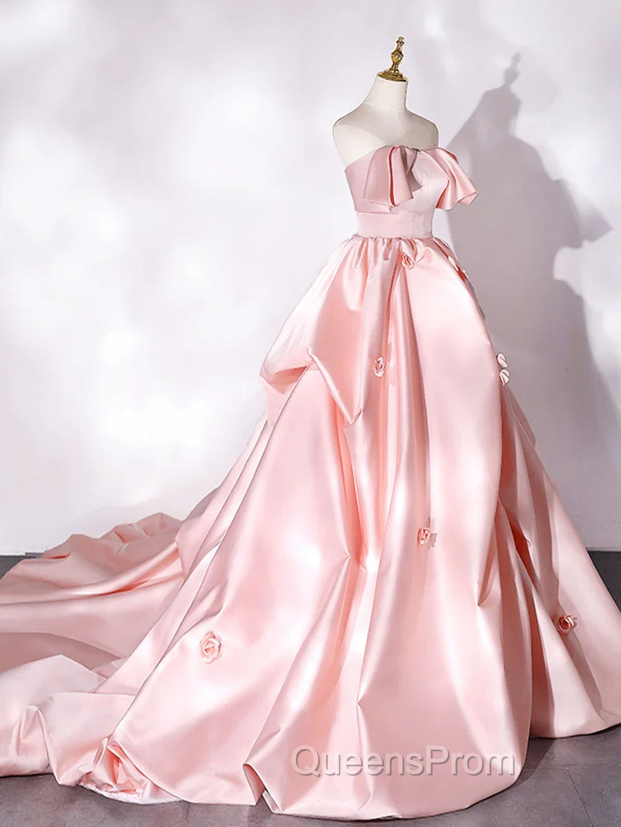 Elegant Pink A Line Strapless Appliques Satin Evening Dress Evening Prom Dress