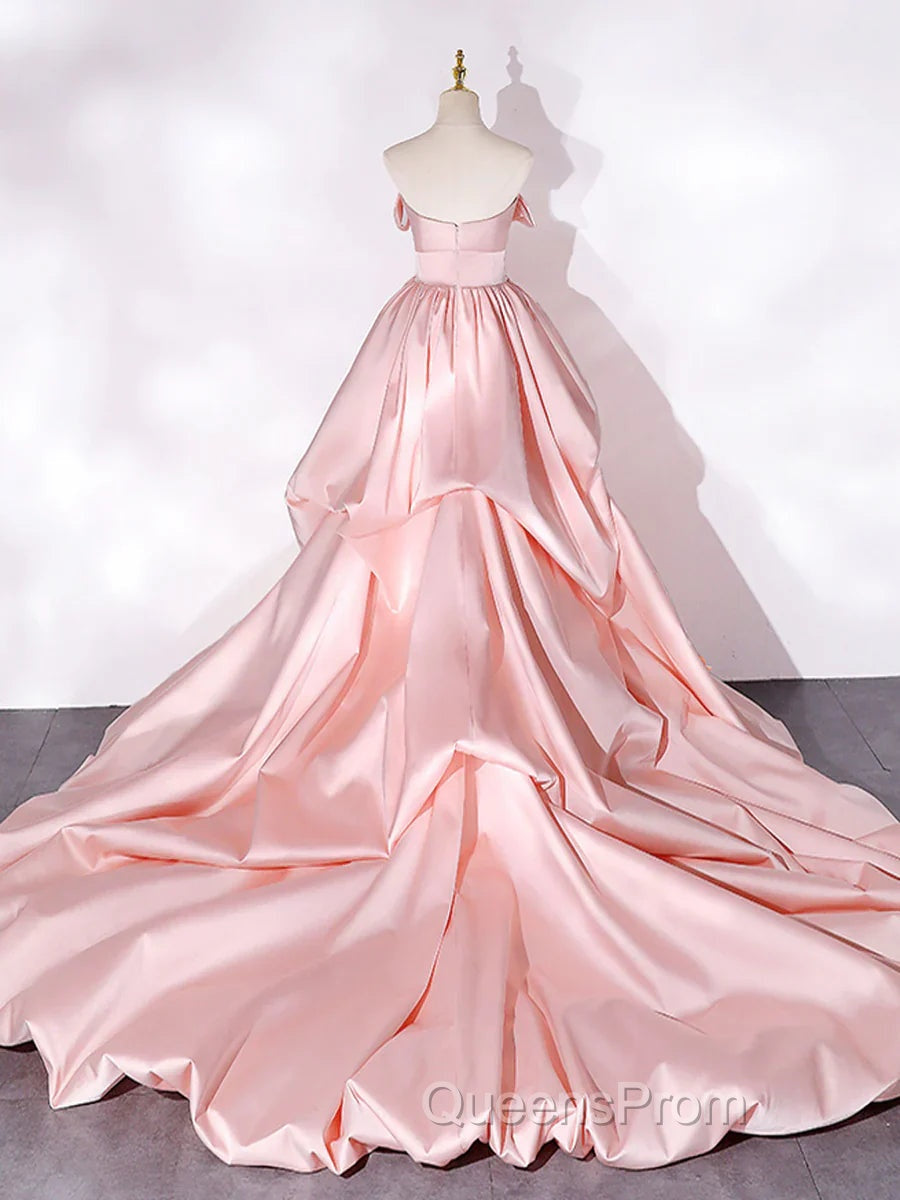 Elegant Pink A Line Strapless Appliques Satin Evening Dress Evening Prom Dress